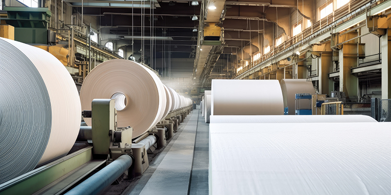 pulp and paper factory, with endless conveyor belts and giant machines producing rolls of paper