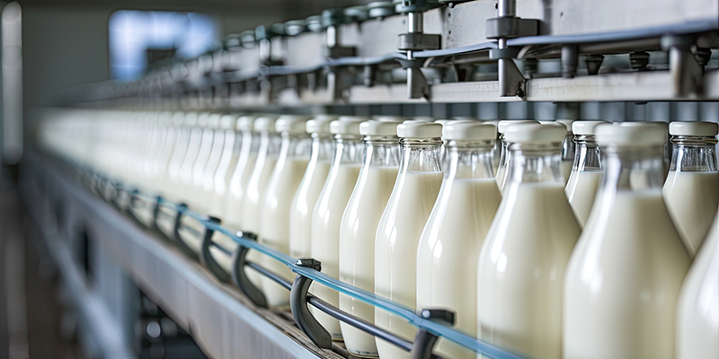 filled milk bottle in a dairy factory